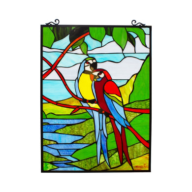 Macaw Love-Birds Tiffany Victorian-Style Stained Glass Vertical Decorative Hanging Window Panel 24