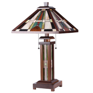 Percival Table Lamp Tiffany Style Mission 3-Light Double Lit 15" Shade Wooden Bedside Nightstand Reading Desk Table Light by Chloe