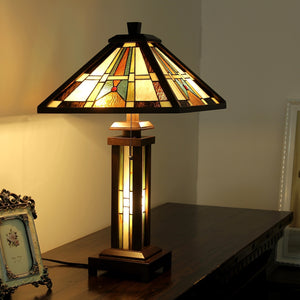 Percival Table Lamp Tiffany Style Mission 3-Light Double Lit 15" Shade Wooden Bedside Nightstand Reading Desk Table Light by Chloe