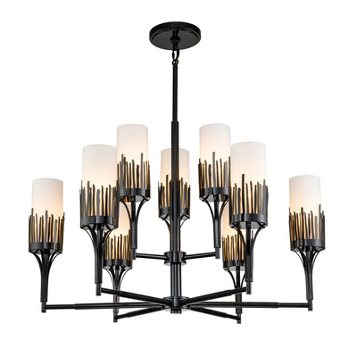 Sawgrass 9 Light Chandelier in Black Finish and Opal Glass Ceiling Light by Lucas McKearn