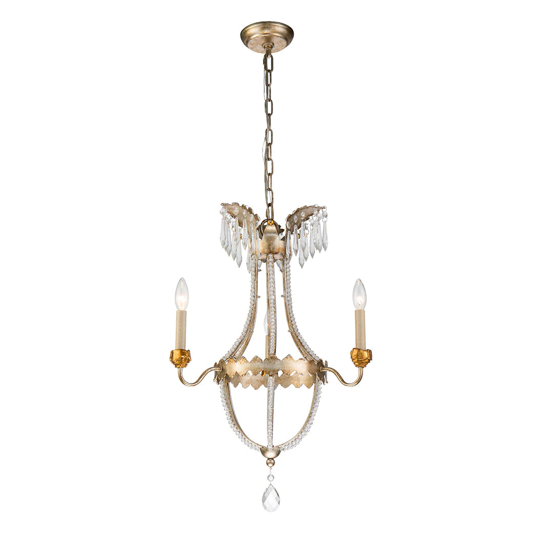 Louis 3 Light Crystal Chandelier in Distressed Gold and Silver Candelabra Ceiling Light by Lucas McKearn