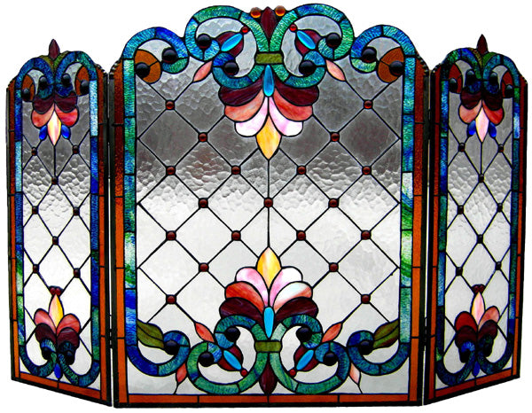 Tiffany Victorian-Style Stained Glass 3pcs Decorative Folding Fireplace Screen 44
