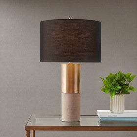 Fulton Concrete Table Lamp Gold-Grey-Black Fabric Drum Shape Bedside Nightstand Reading Desk Table Light by Olliix-Hampton Hill