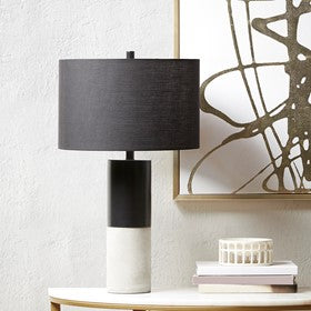 Fulton Concrete Table Lamp Black-Grey Fabric Drum Shape Bedside Nightstand Reading Desk Table Light by Olliix-Hampton Hill