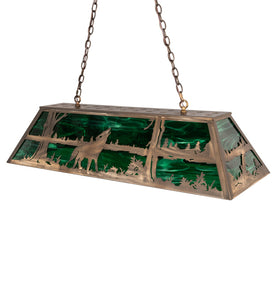 Custom 48" Long Wolf at Lake Oblong Pendant Emerald Green Glass Antique Cooper Finish Ceiling Light by Meyda