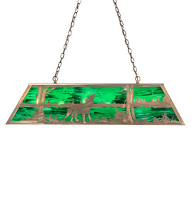 Custom 48" Long Wolf at Lake Oblong Pendant Emerald Green Glass Antique Cooper Finish Ceiling Light by Meyda