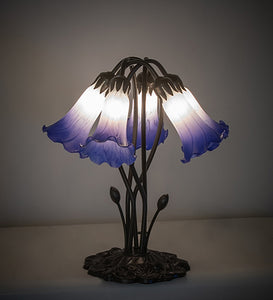 16" High Blue/White Tiffany Pond Lily 5 Light Table Lamp Bedside Nightstand Reading Desk Table Light by Meyda