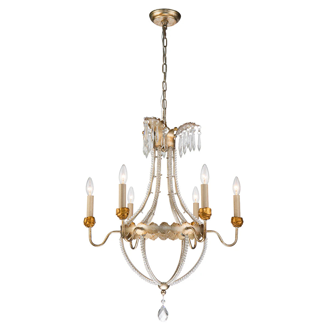 Louis 6 Light Crystal Chandelier in Distressed Gold and Silver Candelabra Ceiling Light by Lucas McKearn