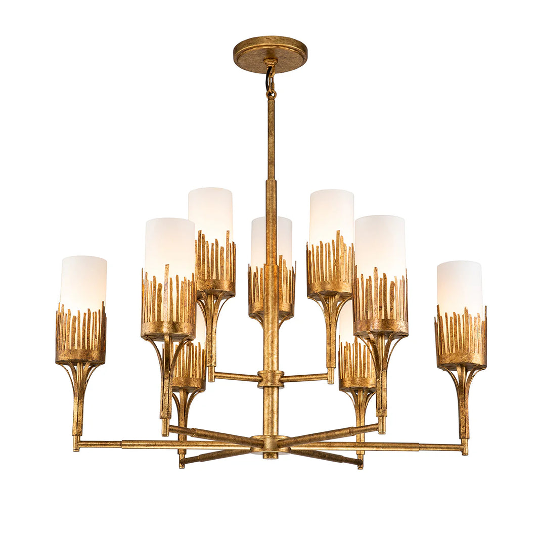 Sawgrass 9 Light Chandelier in Gold Leaf and Opal Glass Ceiling Light by Lucas McKearn