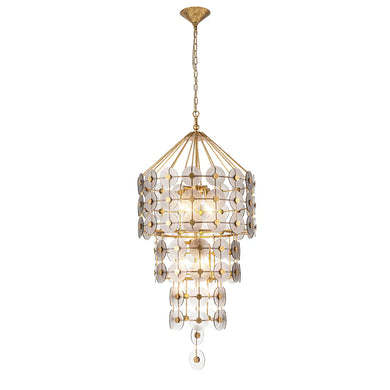 Meridian 9 Light Pendant Chandelier in Gold Leaf and Smokey Grey Glass Ceiling Light by Lucas McKearn