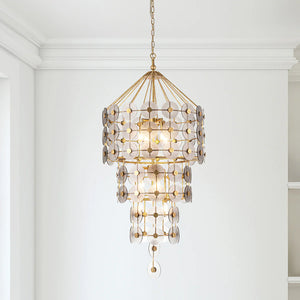 Meridian 9 Light Pendant Chandelier in Gold Leaf and Smokey Grey Glass Ceiling Light by Lucas McKearn