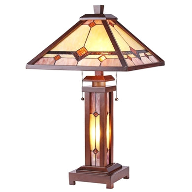 Kay Mission Table Light Tiffany Victorian 3-Light Double Lit Wooden 15