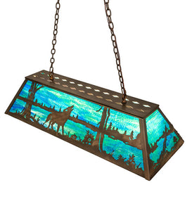 Custom 48" Long Wolf at Lake Oblong Pendant Blue Art Glass Antique Rustic Cooper Finish Ceiling Light by Meyda