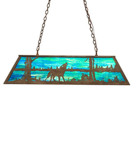 Custom 48" Long Wolf at Lake Oblong Pendant Blue Art Glass Antique Rustic Cooper Finish Ceiling Light by Meyda