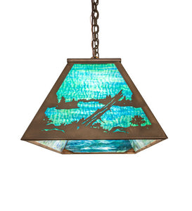 Custom 48" Long Wolf at Lake Oblong Pendant Blue Art Glass Antique Rustic Cooper Finish Ceiling Light by Meyda