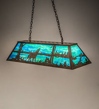 Custom 48" Long Wolf at Lake Oblong Pendant Blue Art Glass Antique Rustic Cooper Finish Ceiling Light by Meyda