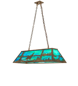 Custom 48" Long Wolf at Lake Oblong Pendant Blue Art Glass Antique Rustic Cooper Finish Ceiling Light by Meyda