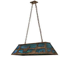 Custom 48" Long Wolf at Lake Oblong Pendant Blue Art Glass Antique Rustic Cooper Finish Ceiling Light by Meyda